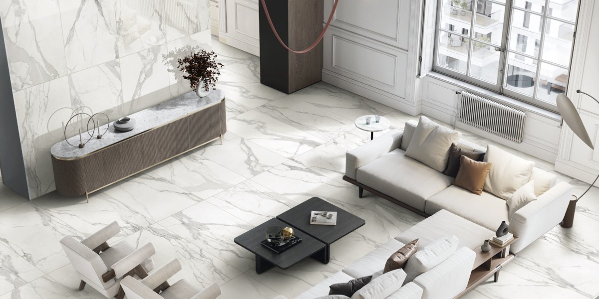 Marmorea marble effect porcelain tiles bright elegant style
